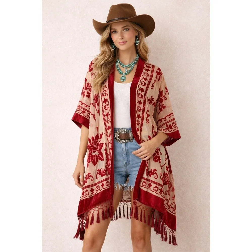 Free‎ People Kimono Sheer Velvet Burnout Floral Duster Red Boho Bohemian